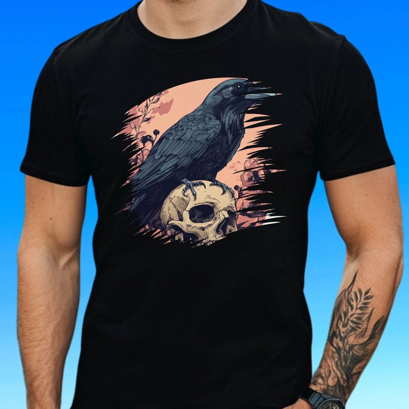 Mens Black Raven Motif Cotton T-Shirt Size XS to 5XL