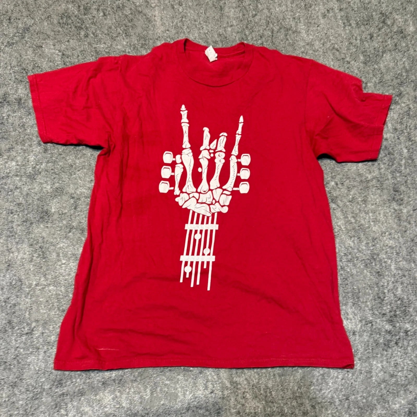 Port Company Mens T-Shirt Size M Red Guitar Skeleton Print Short Sleeve