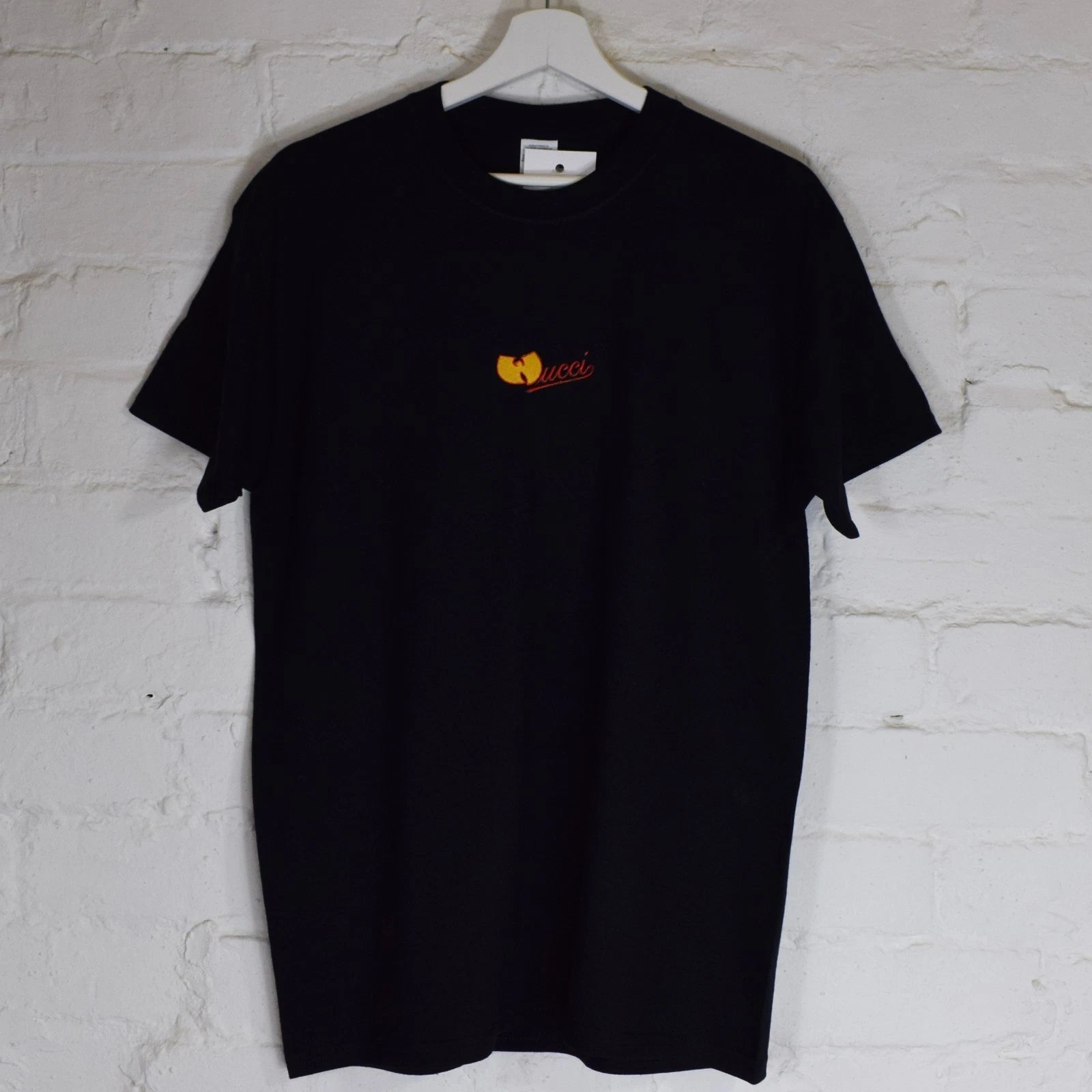 Actual Fact Wucci Embroidered Vintage Hip Hop Designer Mash Up Black Tee T-Shirt