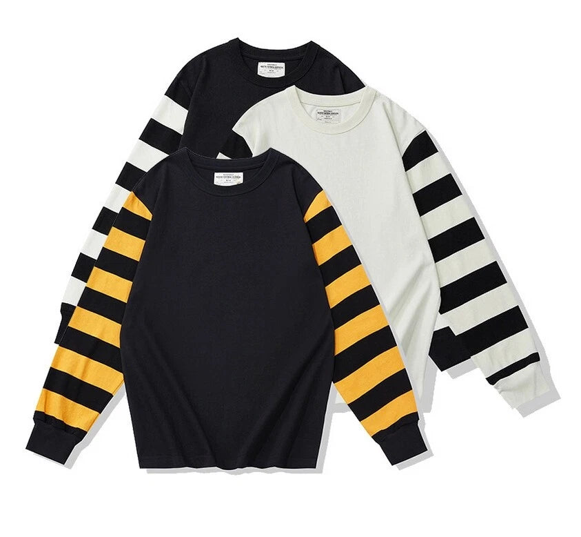 Hot Men Retro Casual Cotton Shirt Long Sleeve T-Shirt Biker Stripe Tee