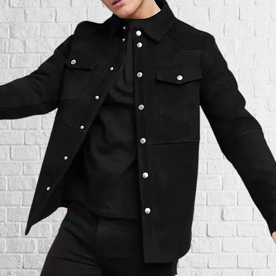 New Men's Sheepskin Suede Leather Black Shirt Jacket Stylish Soft Slim Fit Shirt