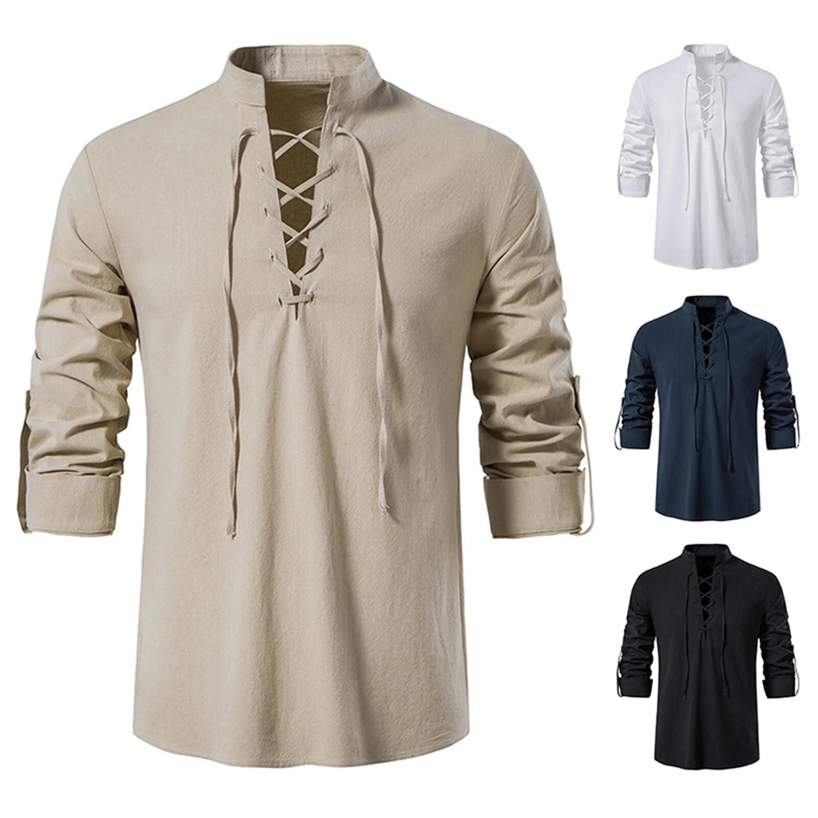 Popular Mens Tops Tee Slim Fit Lace-up Blouse Henley Shirts