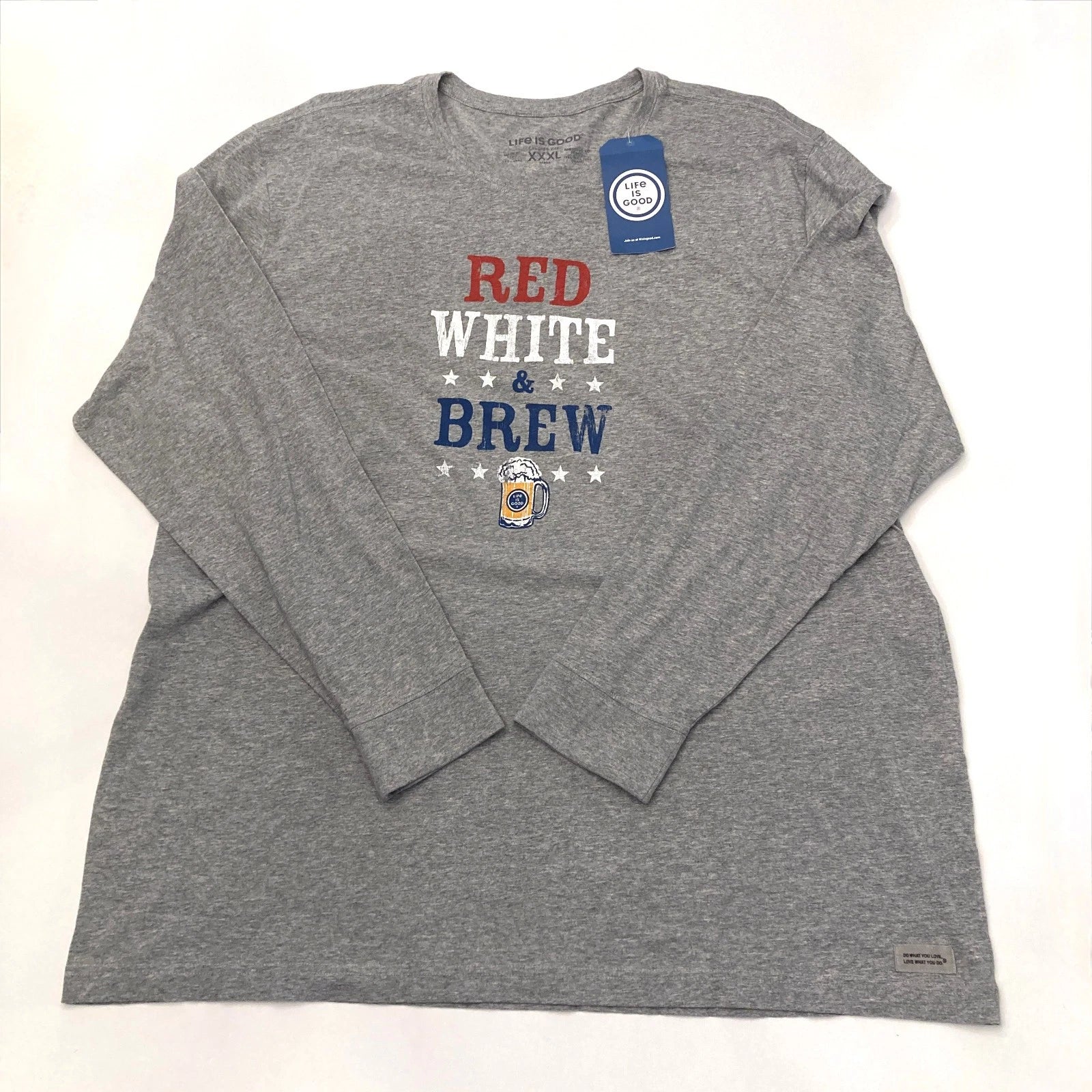 Life Is Good Mens 3XL Long Sleeve Crusher Gray Cotton Tee Shirt Red White & Brew