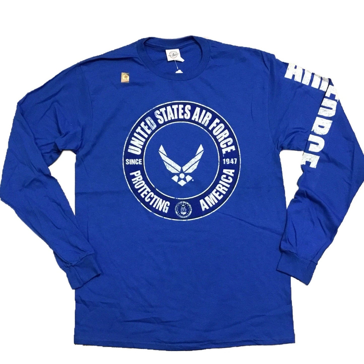 US Air Force Long Sleeve  Blue T-Shirt Protecting America USAF Vet Sleeve Print