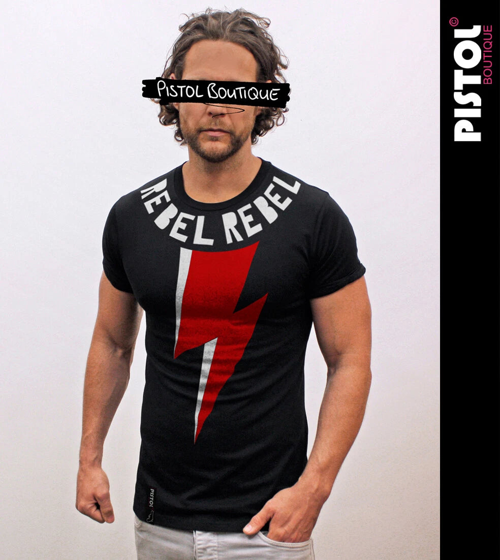 Pistol Boutique Men's Fitted Black Crew Neck BOWIE REBEL LIGHTNING BOLT T-shirt