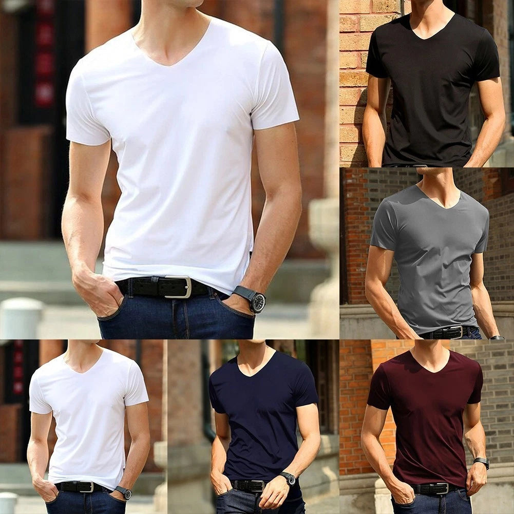 Trendy Japan Short Sleeve Men's Ice Silk Trackless Tshirt Vneck Slim Fit