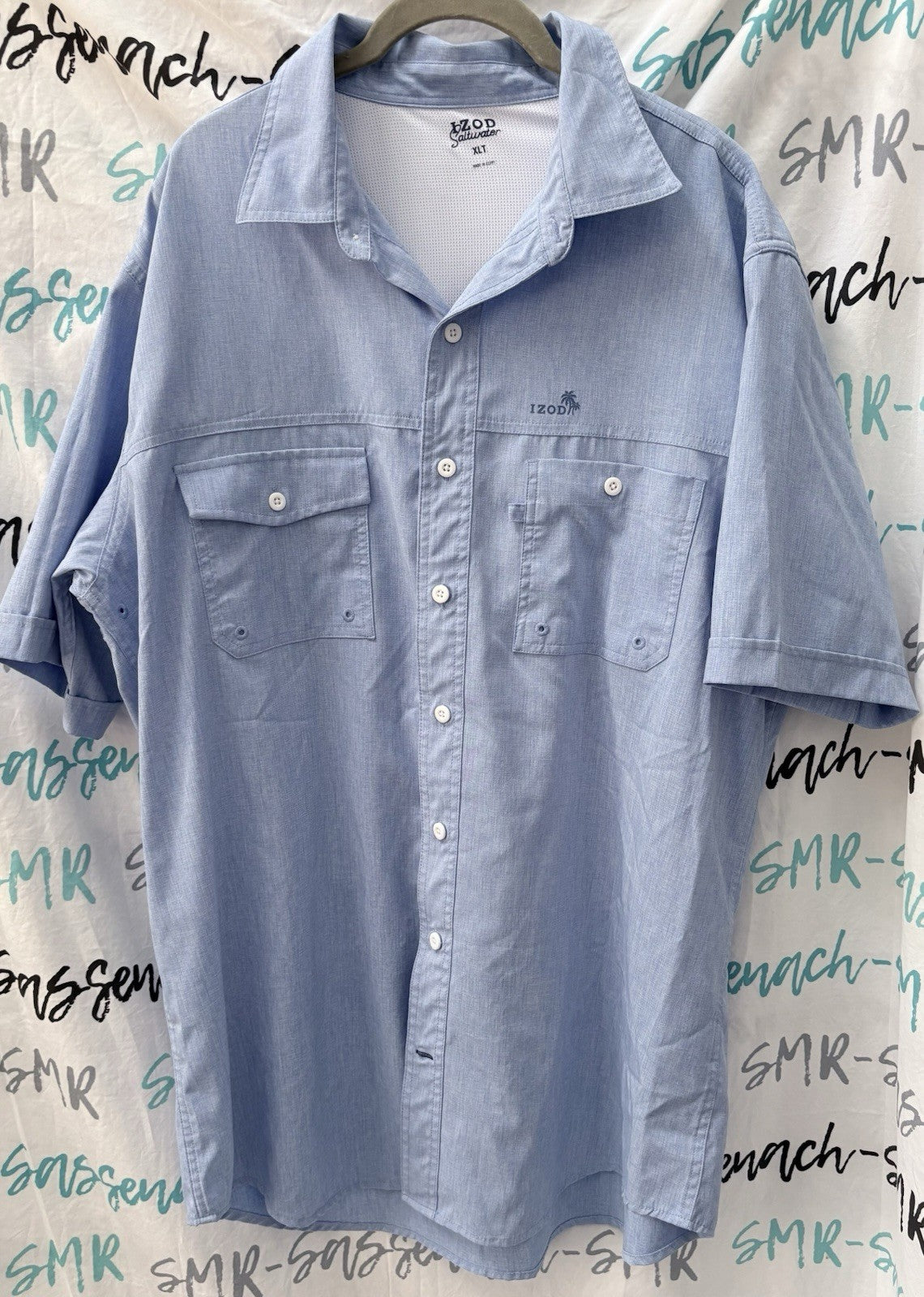 Mens IZOD Saltwater Blue Short Sleeve Shirt Double Pocket Size XL Tall EUC