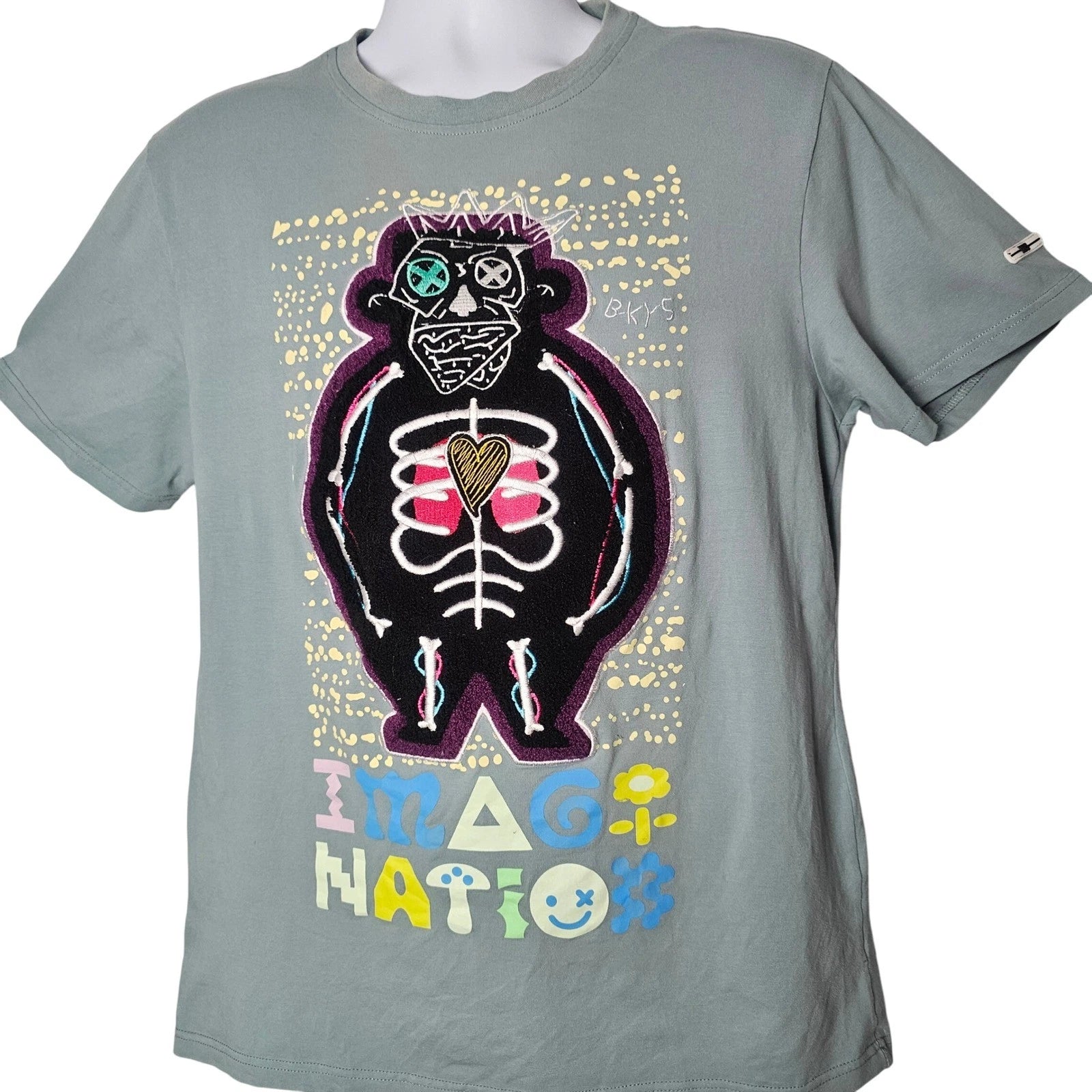 BKYS Graphic T-Shirt Mens Medium Sage Green Imagination Skeleton Chenille Patch
