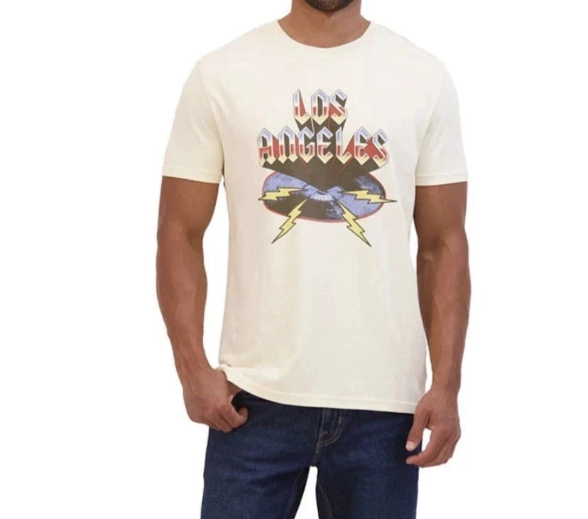 Lucky Brand Men's Graphic T-Shirt Size Large Los Angles Crew Neck Soft Cream