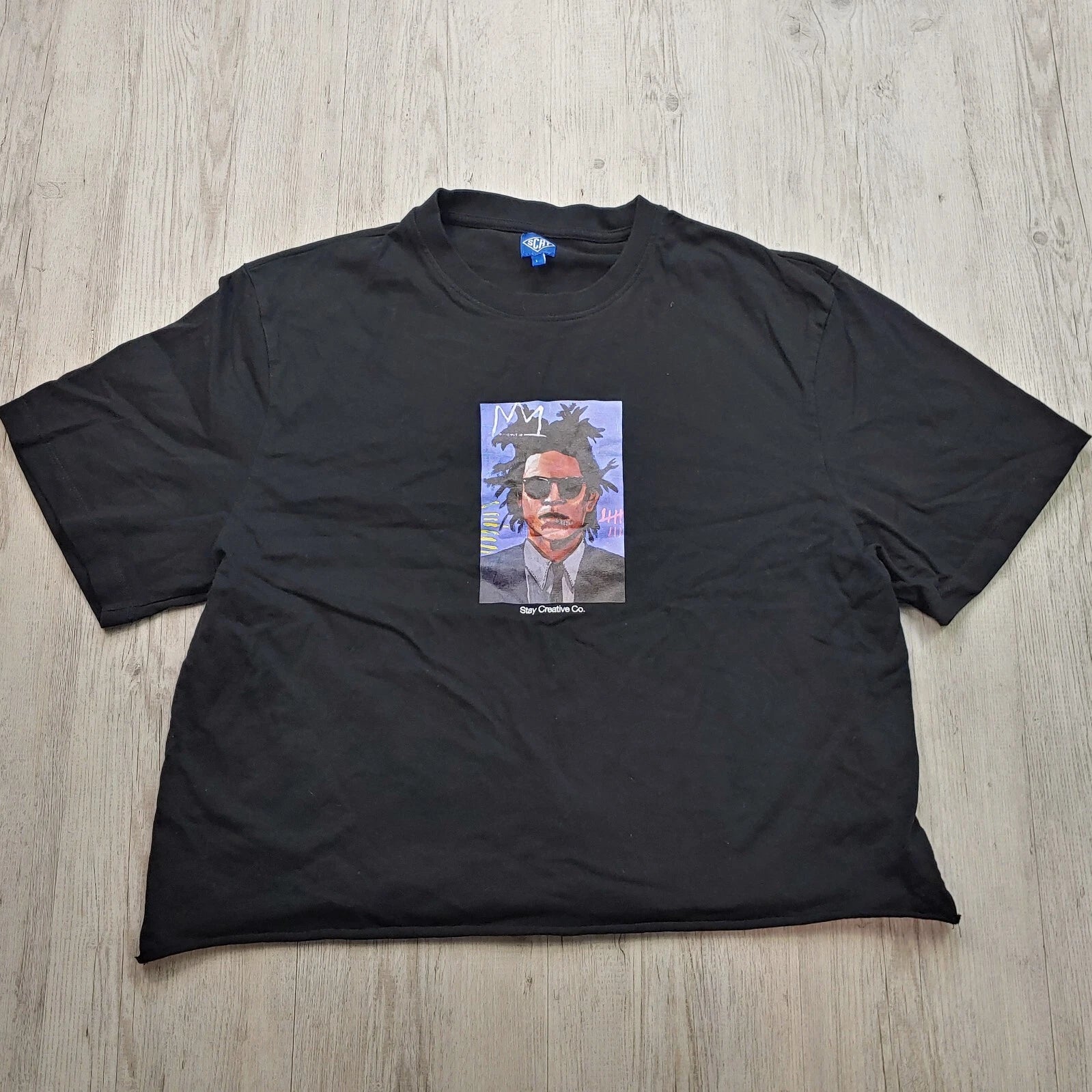 Stay Creative Co. Men's Basquiat Graphic T-Shirt XL Black Cropped Hem Streetwear
