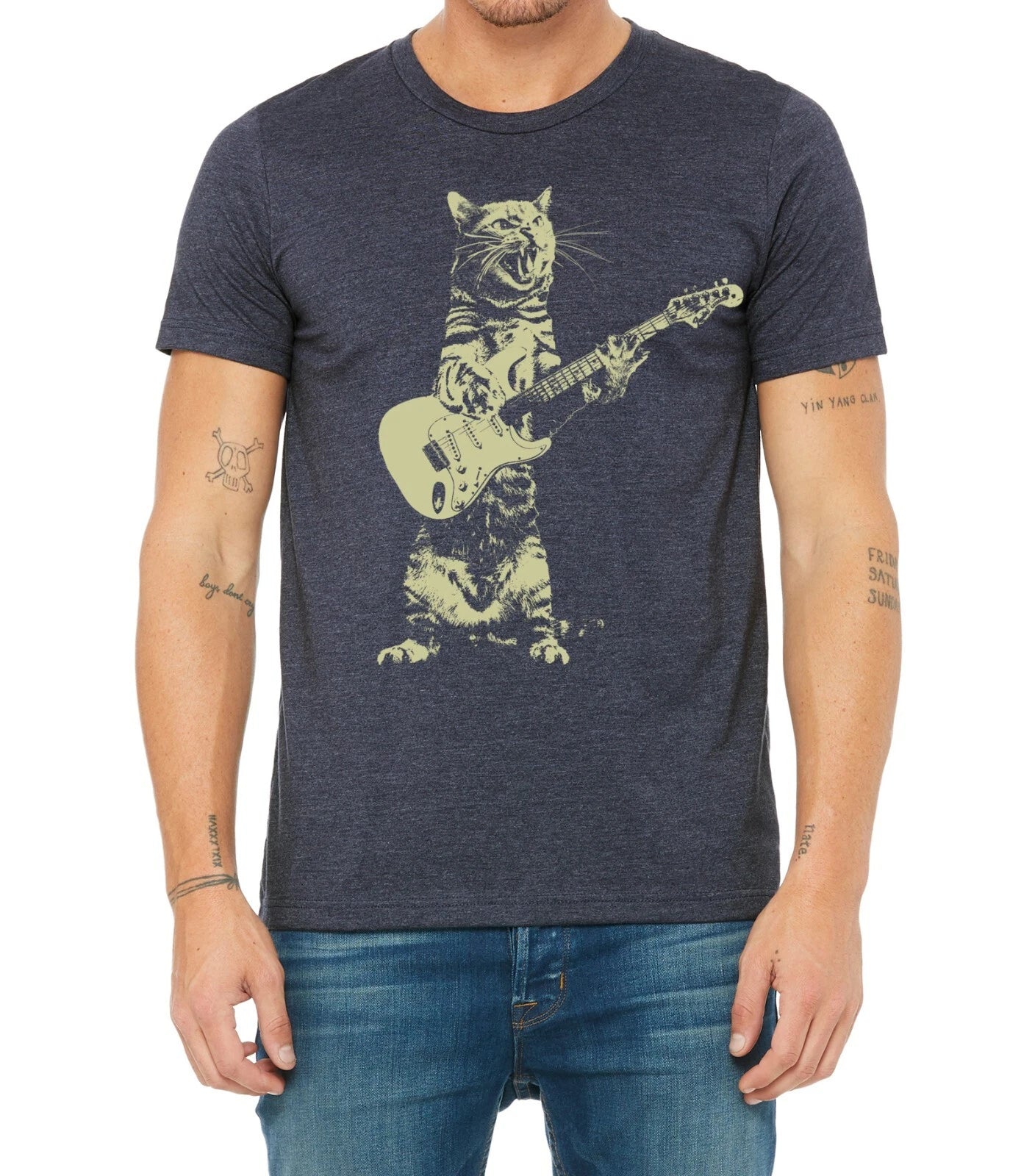 Cat playing guitar, men's heather navy premium quality tee t shirt