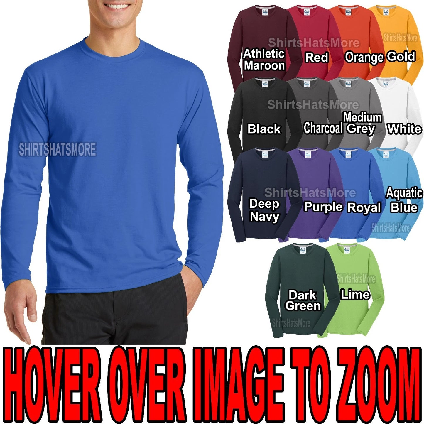 Mens Moisture Wicking Long Sleeve T-Shirt Soft Poly/Cotton Tee S-XL 2X, 3XL, 4XL