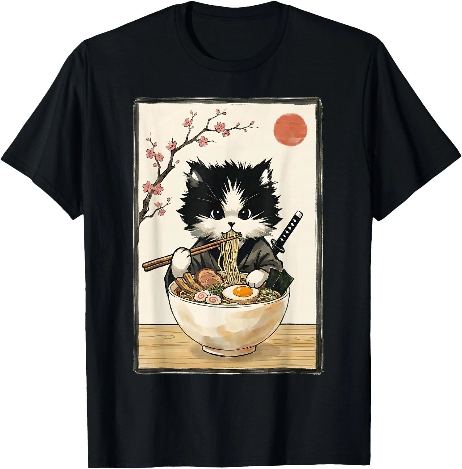 Samurai Cat Japanese Art Ramen Novelty Kawaii Funny Cat T-Shirt