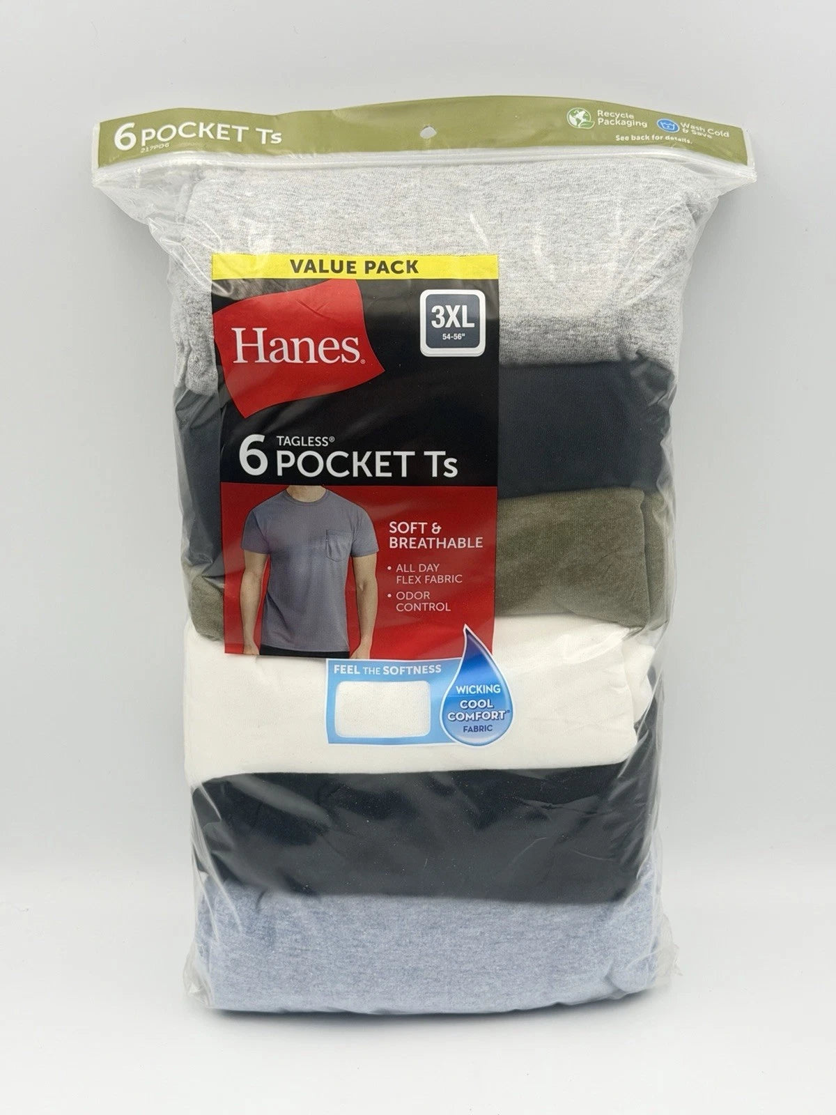 Hanes 6-Pack Pocket Tee Men's T-Shirt Soft and Breathable Assorted, Size 3XL NWT