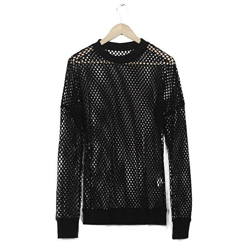 Mens Long Sleeve Fishnet Mesh T-shirt Gothic Punk Rocker Stretchy Top Tee Shirt