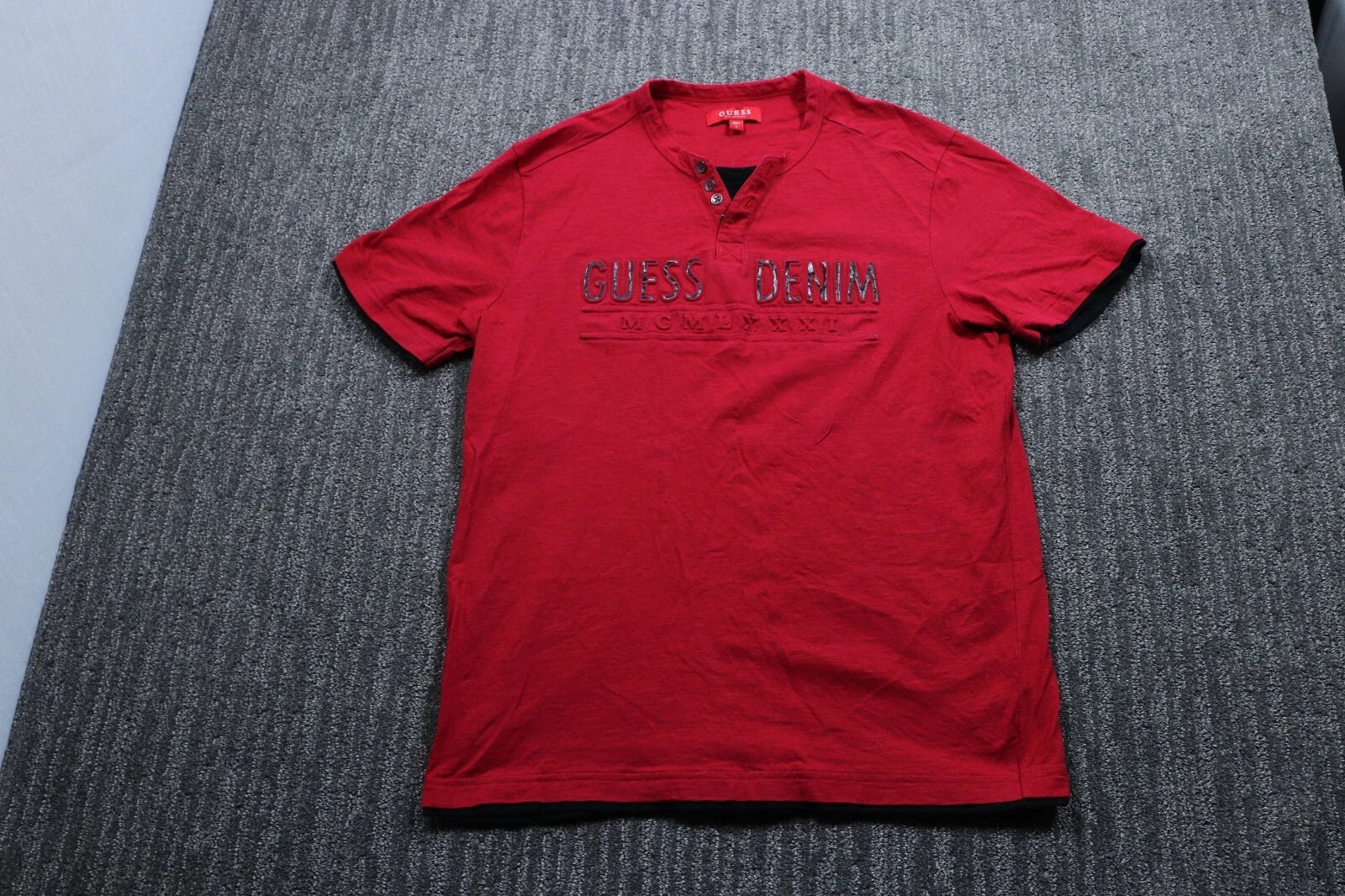 Guess Designer Streetwear Layered Look Henley Modern Tee Shirt Red Men's L