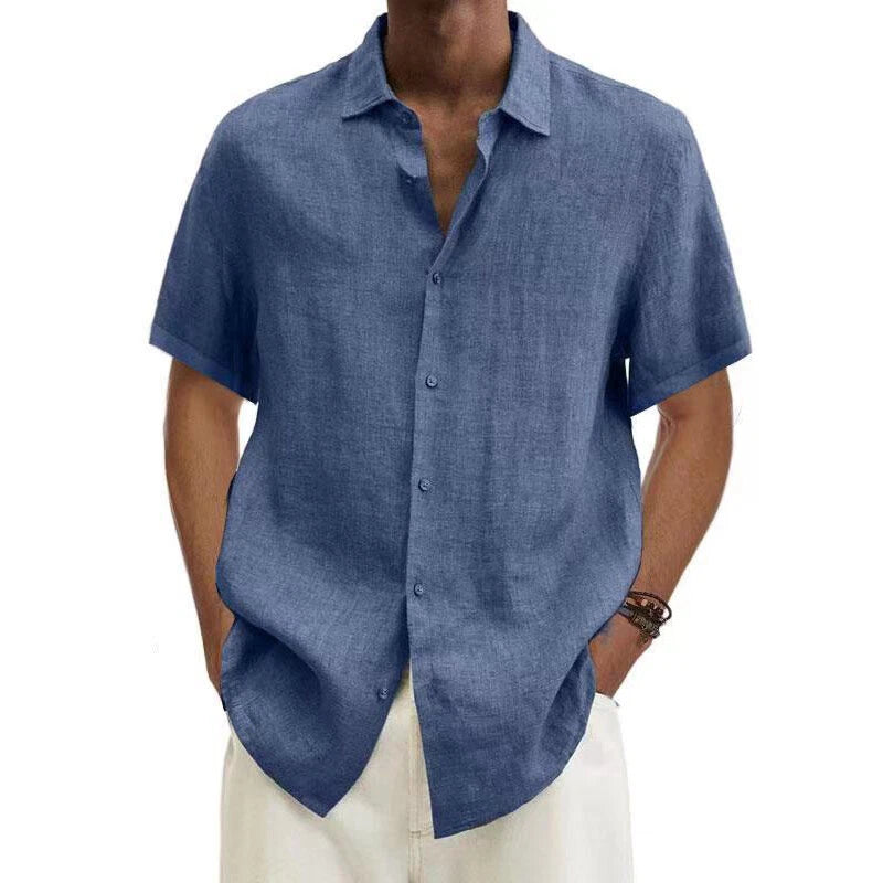 Mens Cotton Linen Short Sleeve Dress Shirt Button Down Loose Blouse Tops Solid