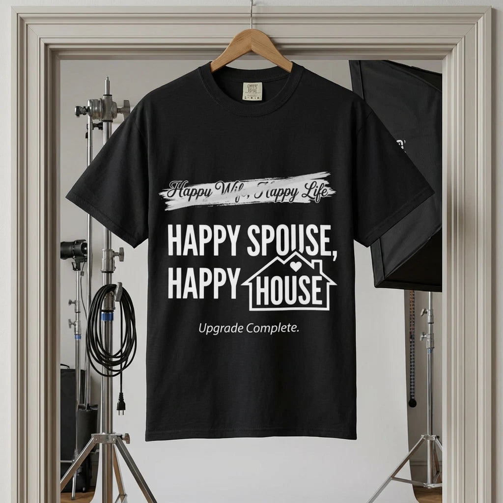 Happy Spouse Happy House T-Shirt – "Upgrade Complete" Marriage Gift (Dark Color)