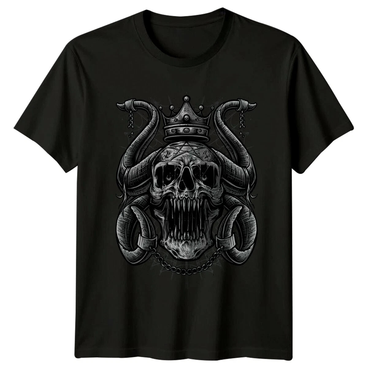 Crowned Skull Horns Pentagram Occult Gothic Mens T-Shirt Womens Graphic Tee