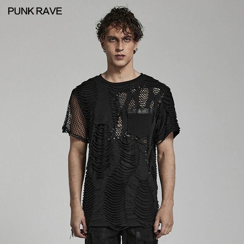 Punk Rave Mesh Broken Hole T-Shirt Men Summer Loose Short Sleeve Knitted Tops