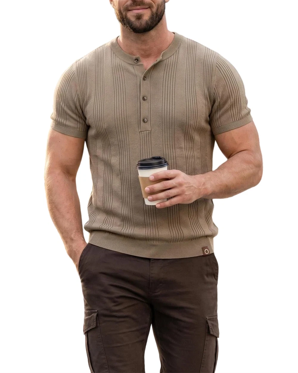 Men's Short Sleeve Henley Knit Polo Shirt Slim Fit Ribbed Vertical Stripe
