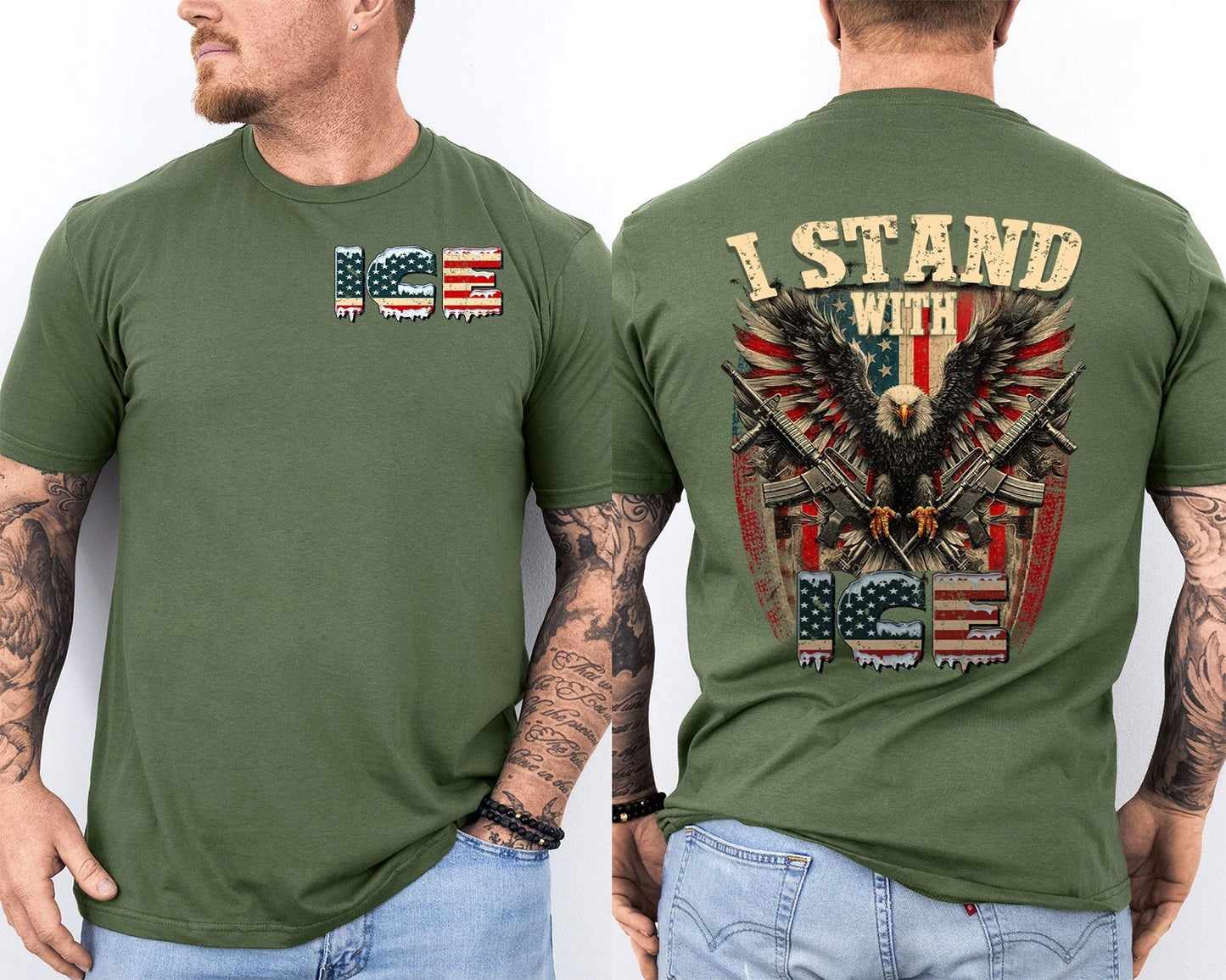 I Stand with ICE, Immigration and Customs Enforcement Patriotic US Flag 2 Sided