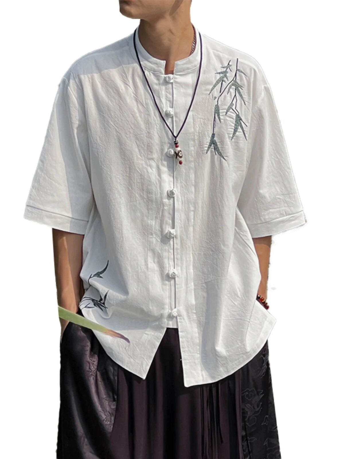 Men's Shirt Summer Linen Embroidered Shirt Cotton and Linen Short-sleeved Tops