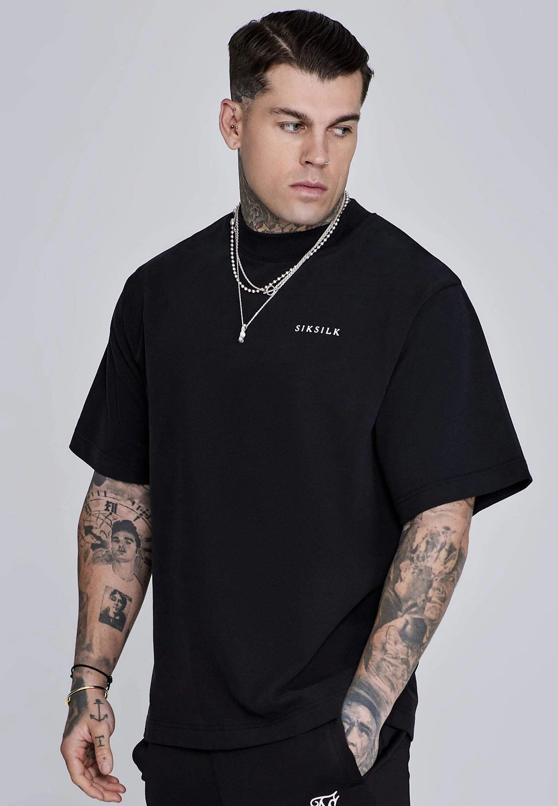 SikSilk Men's Crew Neck Drop Shoulder Oversized Graphic T-Shirt Tee Black