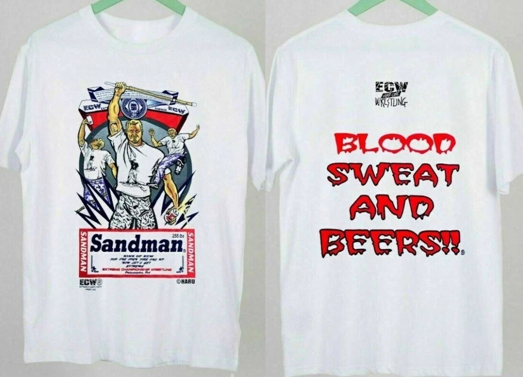 Sandman Blood Sweat Beers Shirt, Ecw Mens T-Shirt Double Sided Cotton For Fans