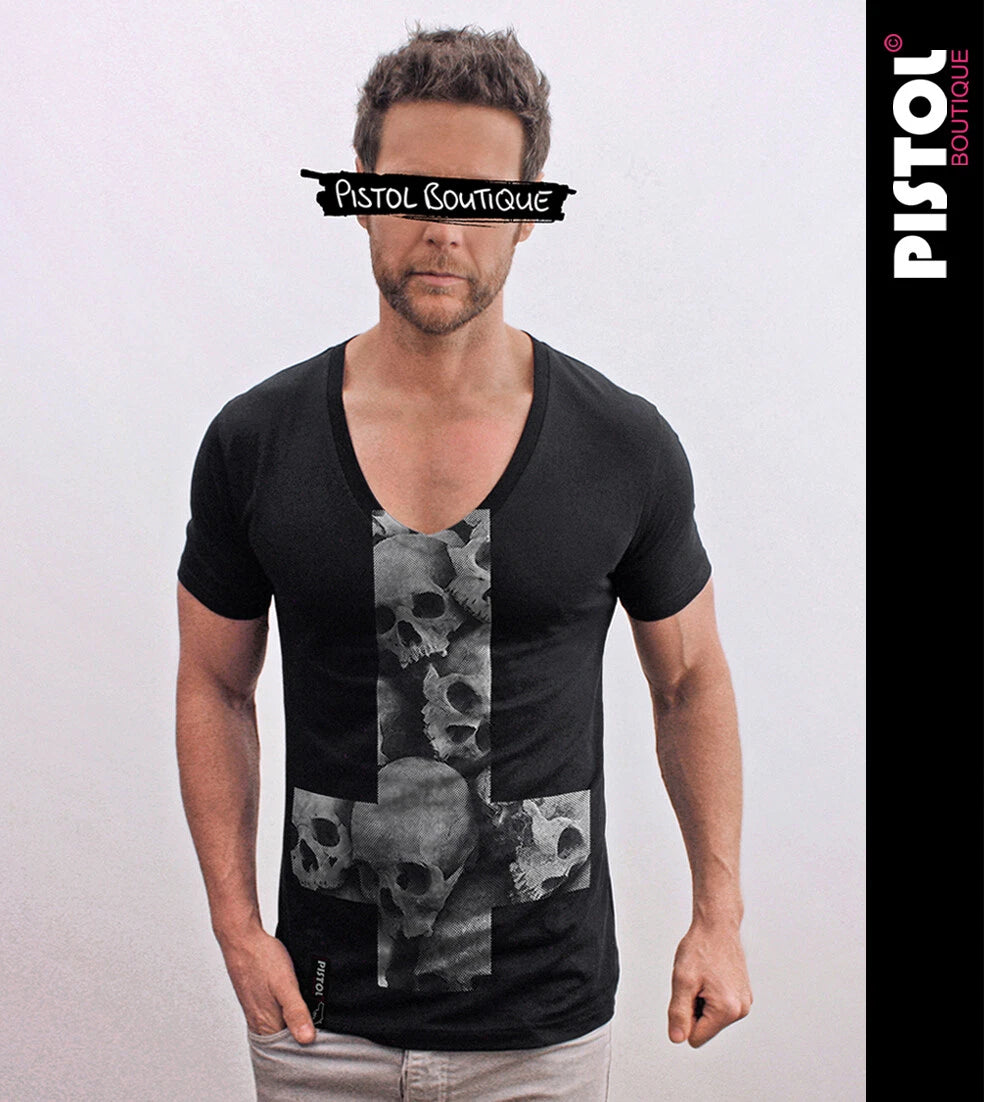 Pistol Boutique Men's Black Fitted Deep V neck SKULL CROSS SKULLS T-shirt