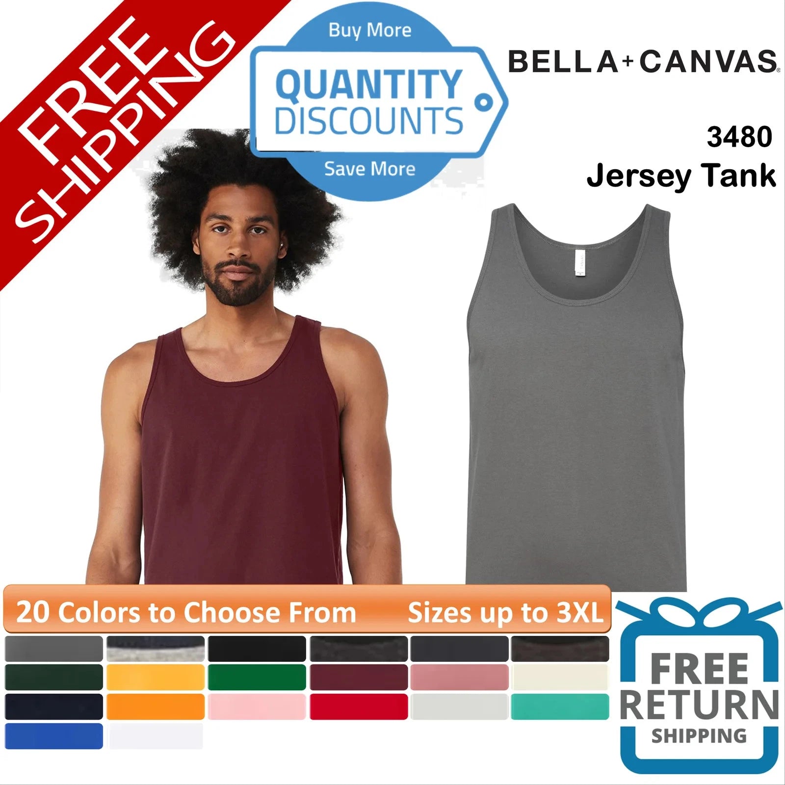 🔥 BELLA + CANVAS Jersey Tank Top Shirt Ring-spun Cotton Up To 3XL 3480