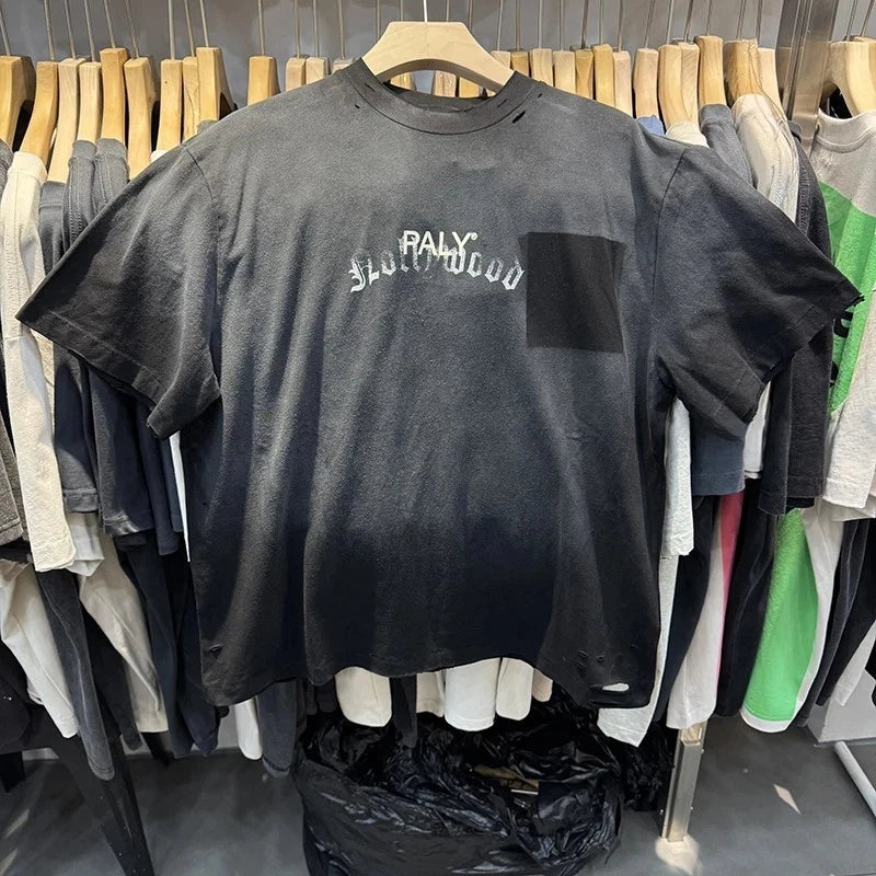 Faded Hollywood Motorcycle Font Paly Mens Black Cotton T Shirt