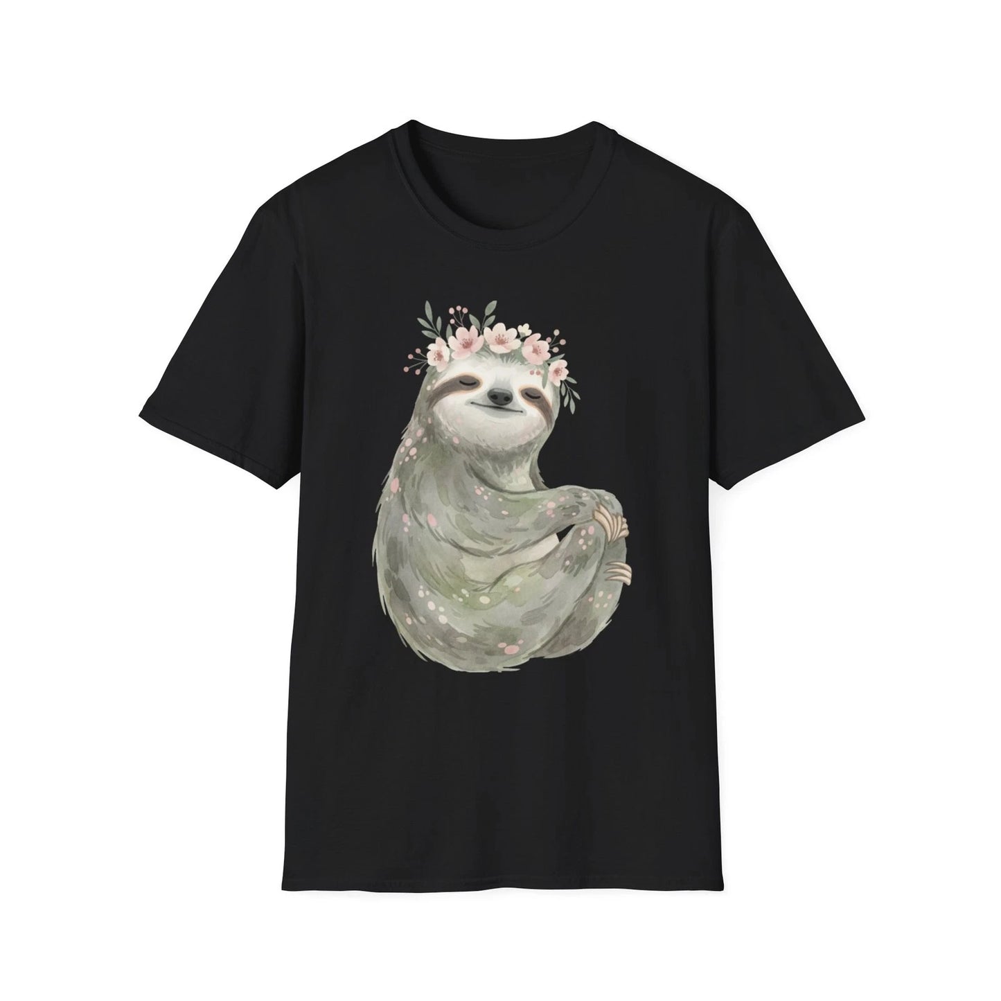 Sloth Flower Crown Watercolor Cute Boho Black Tee Nature Graphic T-Shirt