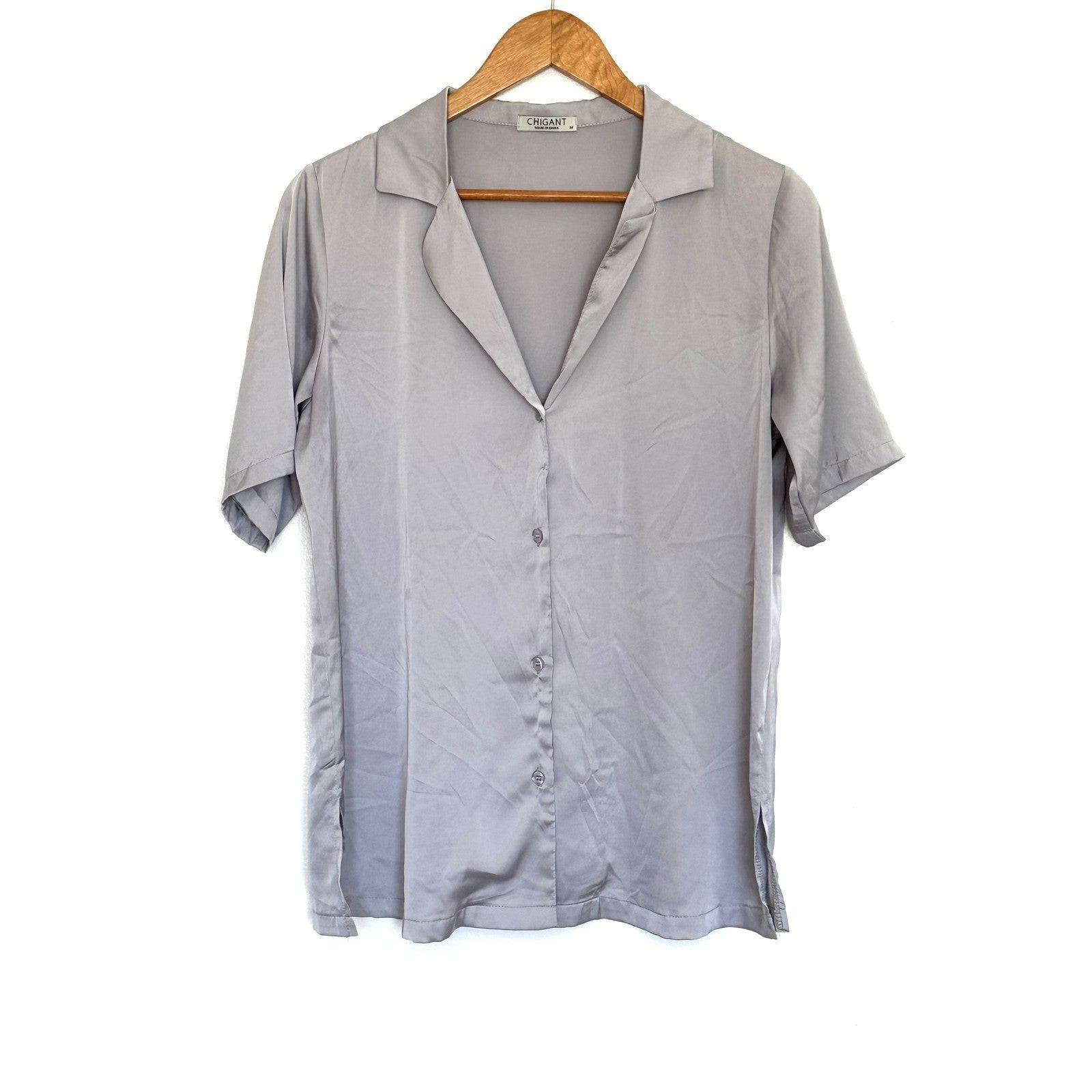Chigant Shirt Womens Medium Gray Button Down Short Sleeve Collar Lightweight Top