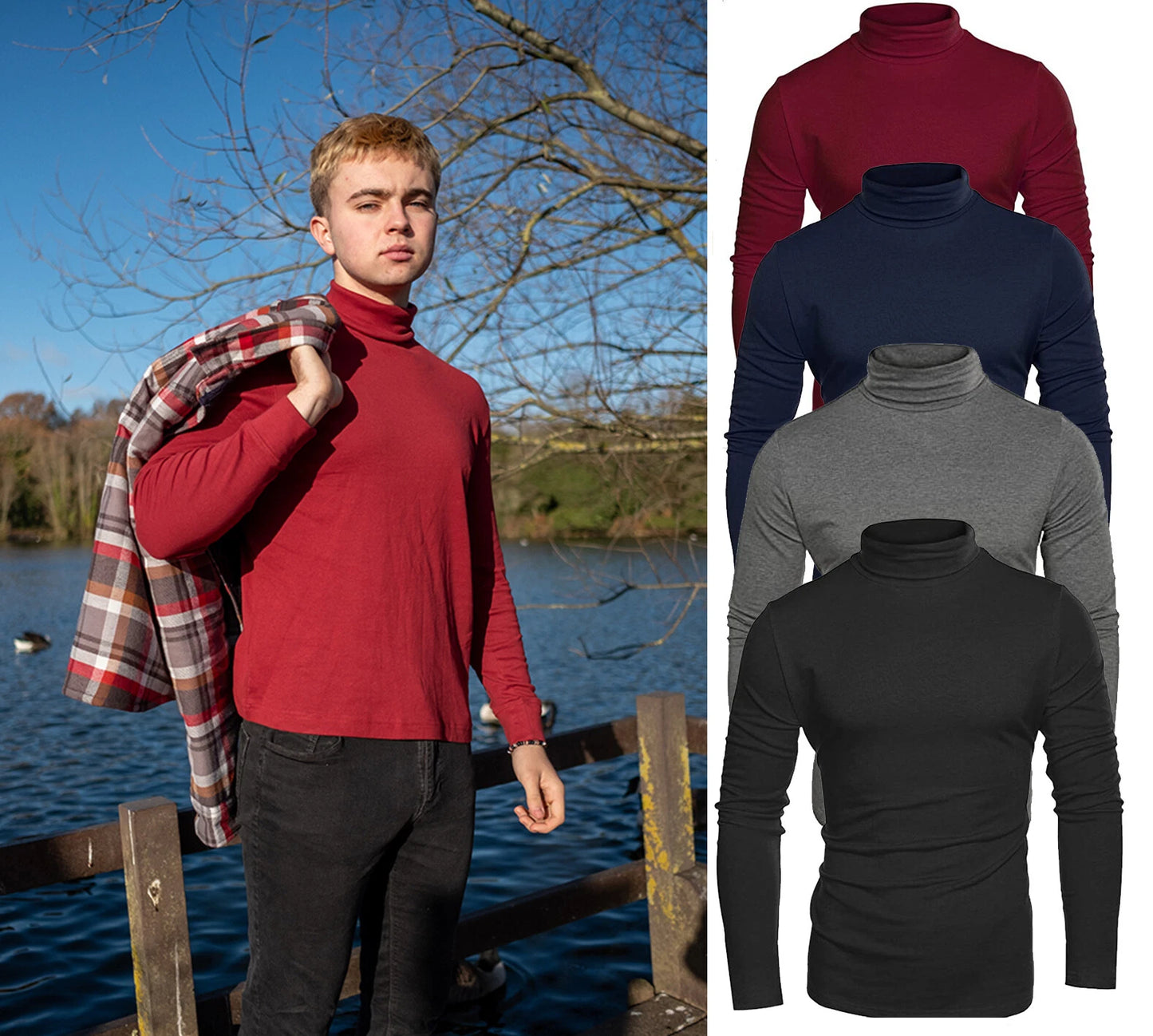 Mens Roll Neck Jumper 100% Soft Cotton Long Sleeve Top Lightweight S-3XL