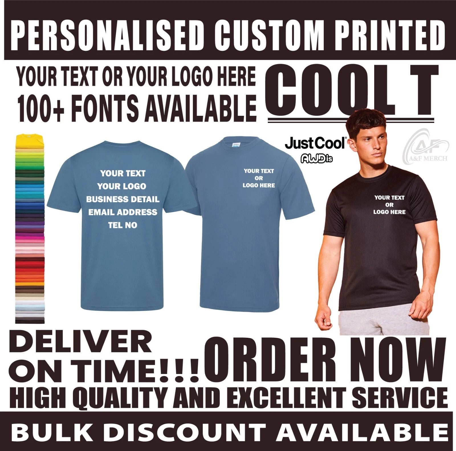 Personalised Custom Just Cool AWDis T-Shirt Text Logo Casual Gym Unisex JC001