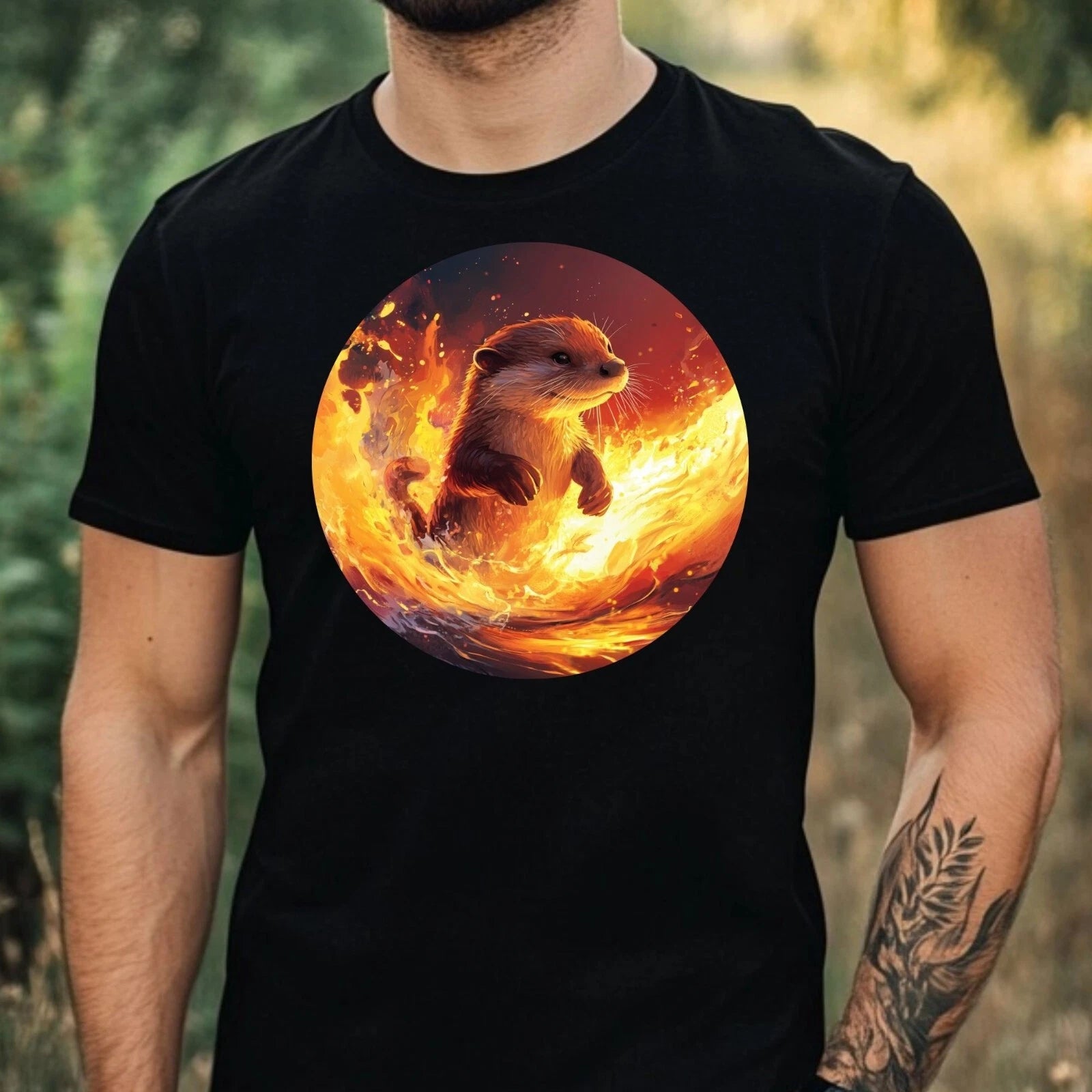 Mens Otter on Fire Motif Cotton T-Shirt Size XS to 5XL