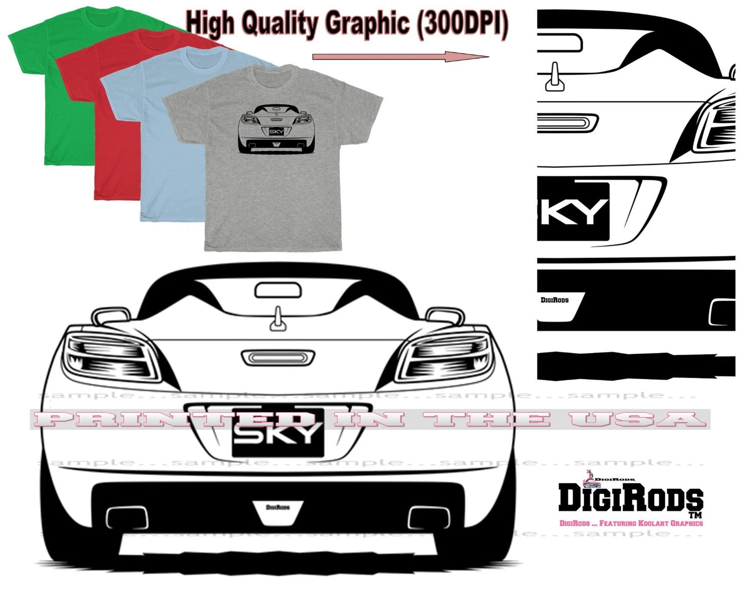 Saturn Sky Fun Convertible Black Outline DigiRods Custom Car T Shirt 4 Colors
