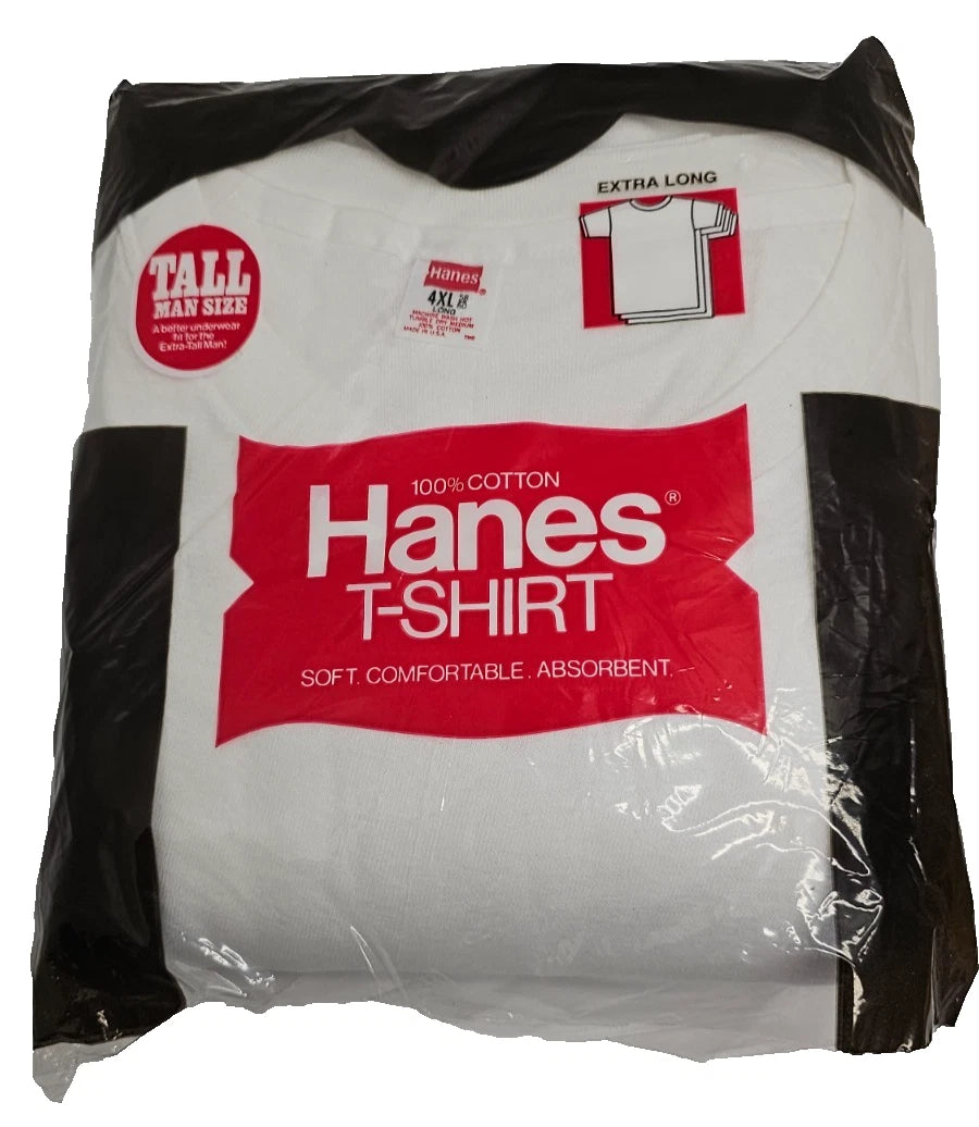 Hanes Men's T-Shirt 4XL Tall Long White Cotton 1977 Vintage NOS Made in USA 3pck