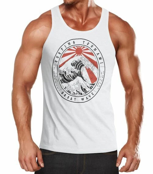 Mens Tank Top Surfing Tsunami Great Wave Japan Vintage Retro Muscle Shirt