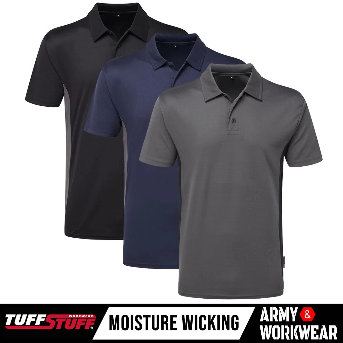 TuffStuff Mens Work Polo Shirt Quality Stay Dry Easy Care Contrast Panels Plain