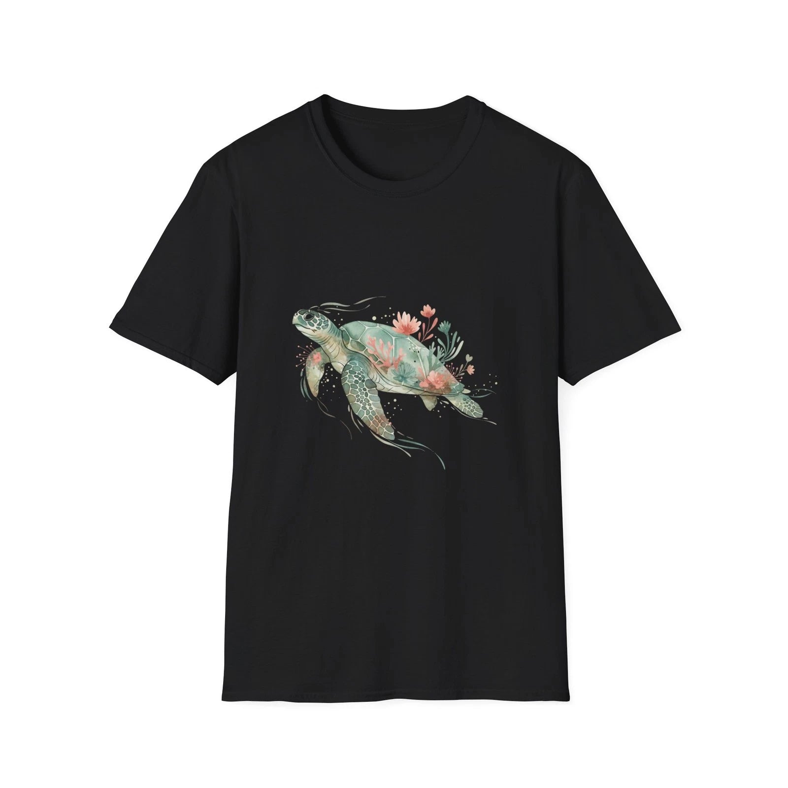 Turtle Ocean Floral Watercolor Boho Black Tee Nature Aesthetic T-Shirt