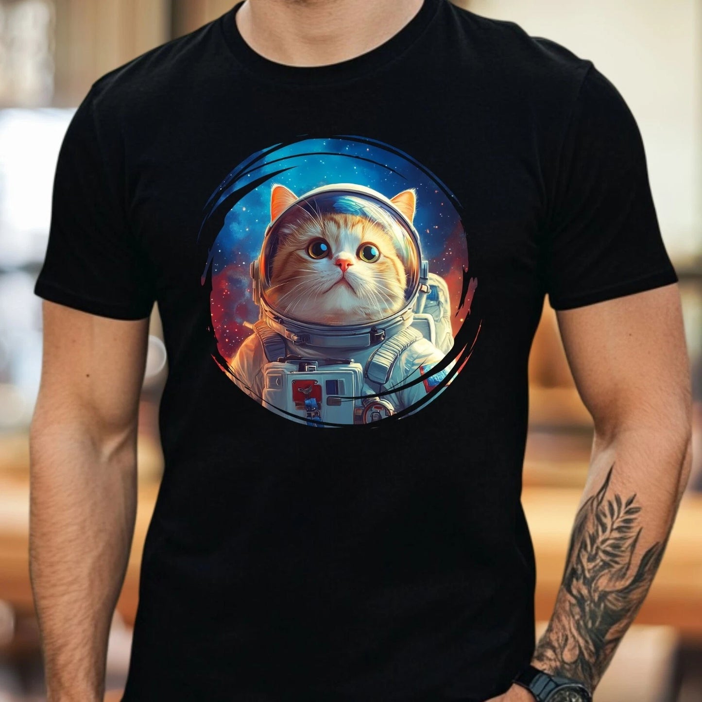 Mens Astronaut Cat Print Cotton T-Shirt Size XS to 5XL