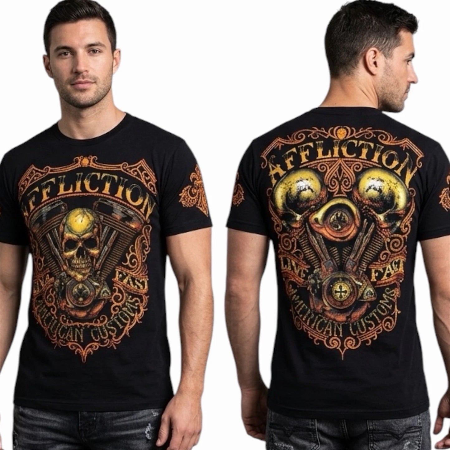 $58 AFFLICTION American Customs THUNDER Skulls Short Sleeve Slim Fit T-shirt NWT