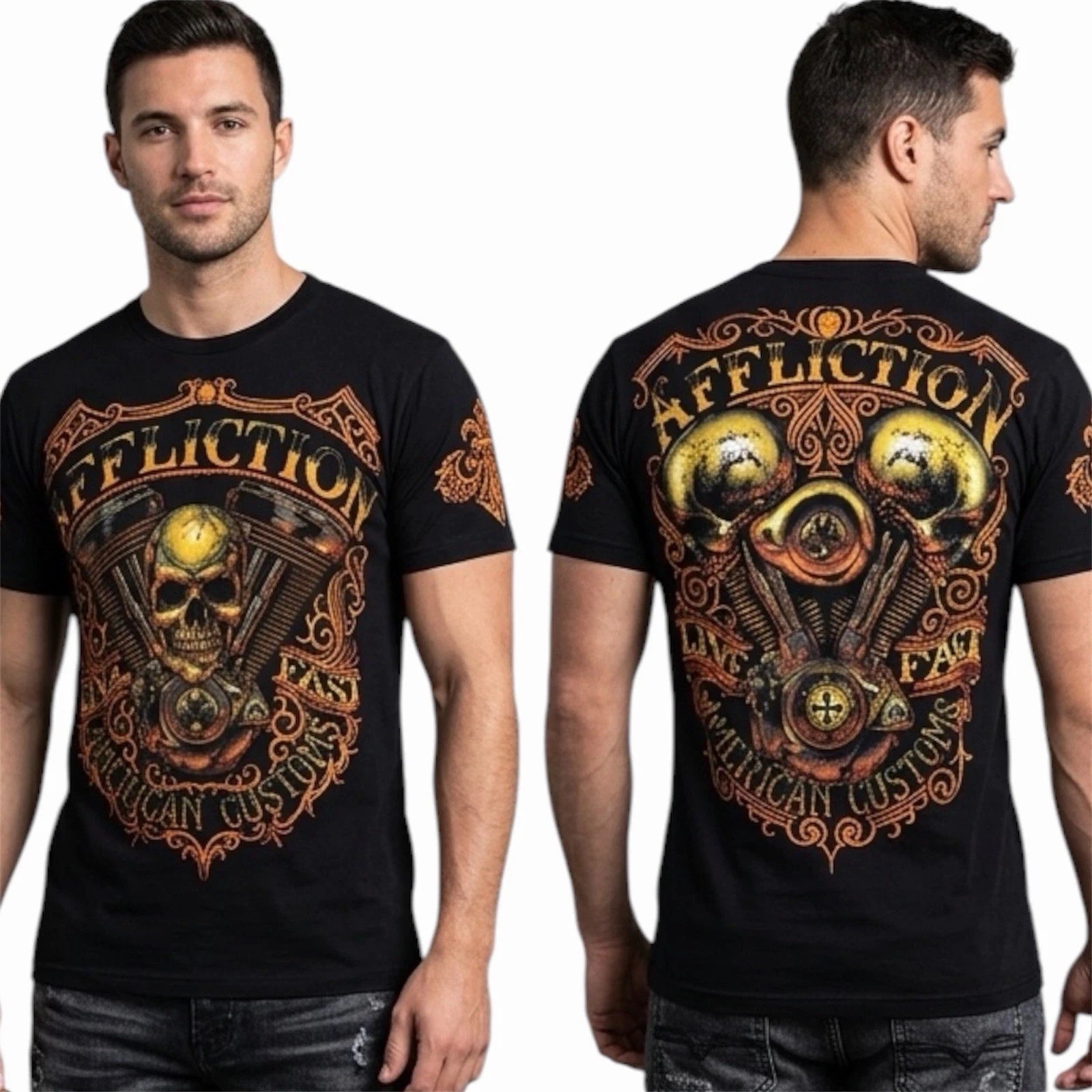 $58 AFFLICTION American Customs THUNDER Skulls Short Sleeve Slim Fit T-shirt NWT