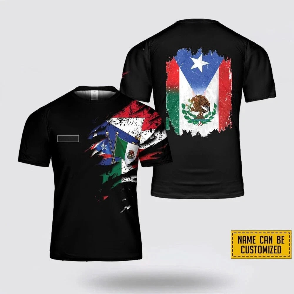 Custom Name Mexico and Puerto Rico Flag 3D All Over Print T-Shirt