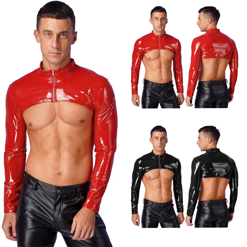 Mens Patent Leather Long Sleeve Tank Top Zipper Half Shrug Muscle Nightclub Tops