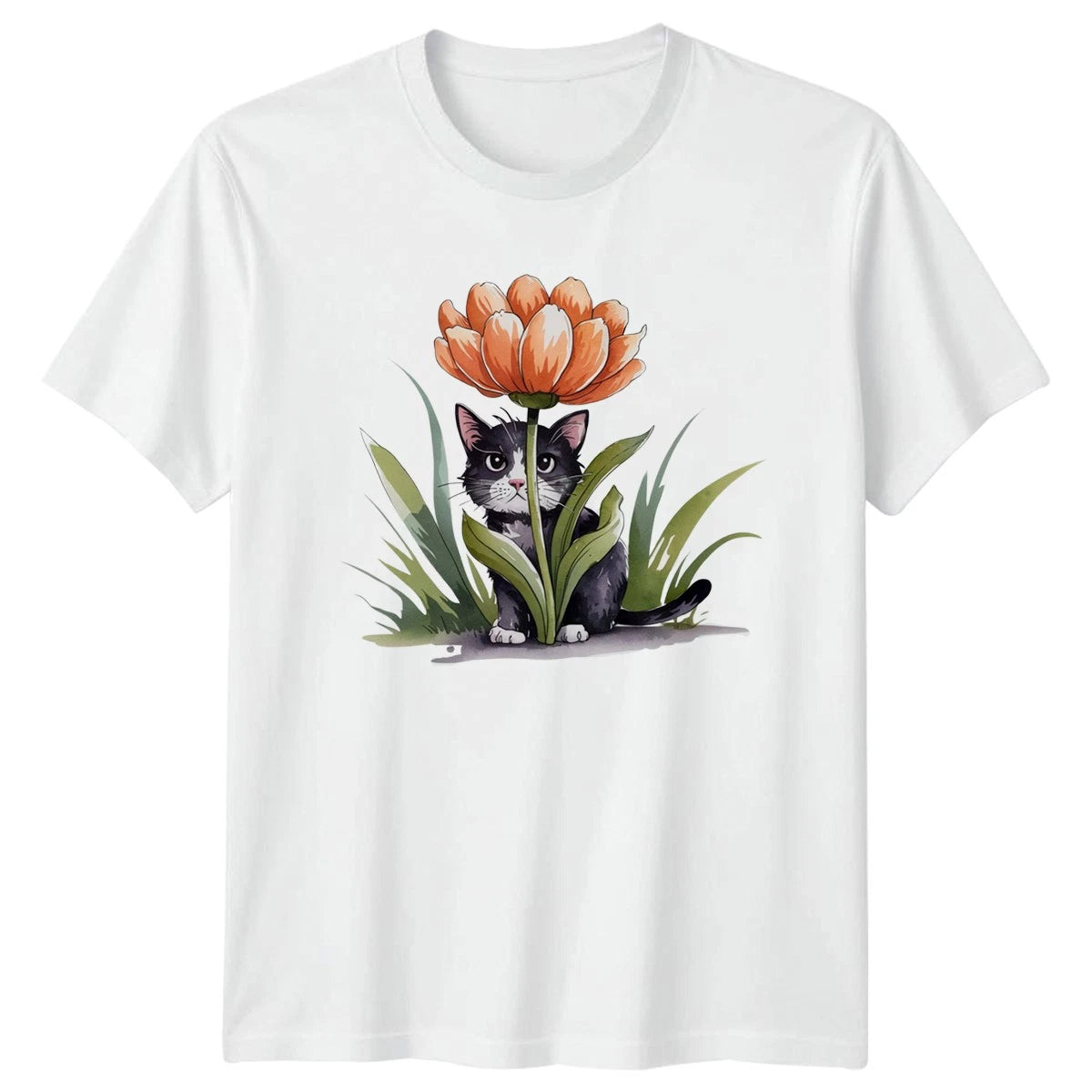 Cute Kitten Peeking Flower Design T-Shirt Floral Birthday Gift For Him And Her