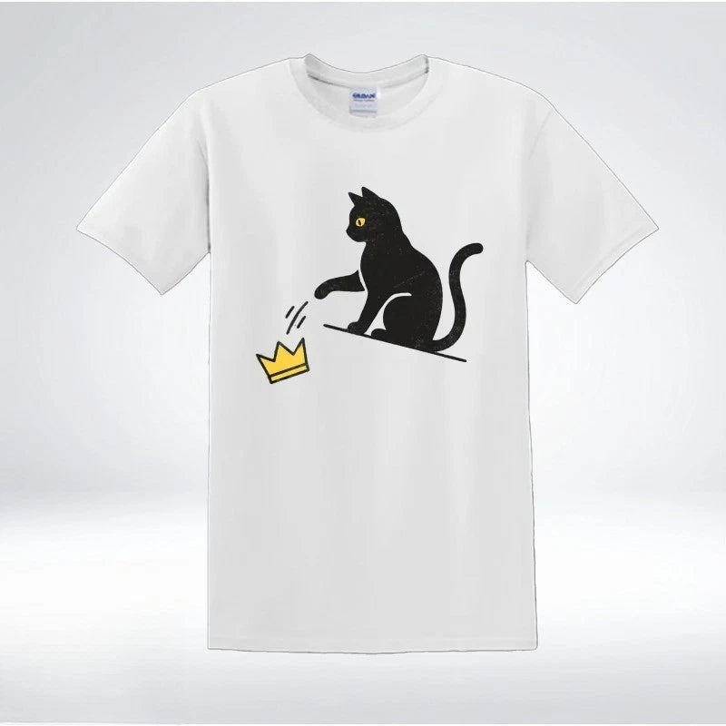 Funny Cat Knocking Crown Anti King Humor Minimalist Graphic T-Shirt