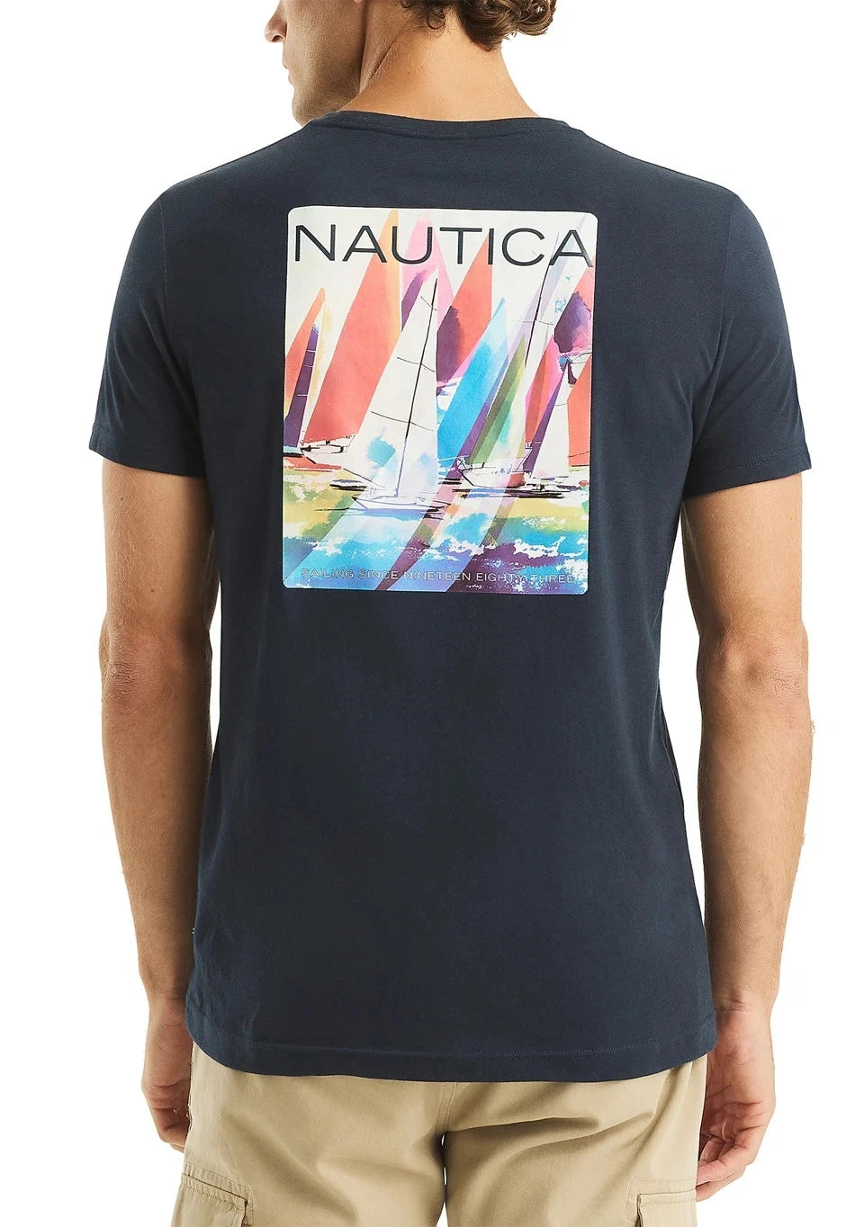 NAUTICA Navy Blue T-Shirt Regular Fit Cotton Lightweight Sailing Graphic Print L